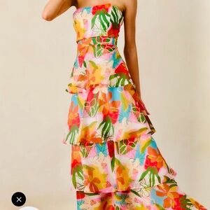 Strapless Tiered Tropical Maxi Dress in Multicolor NWT SZ SM